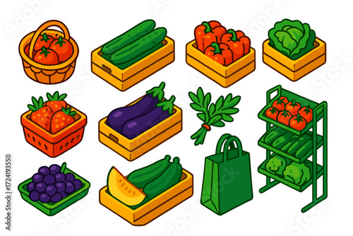 Greenhouse Market Icons. Isometric vector illustration set Greenhouse Market: basket of tomatoes, cucumber crate, pepper box,