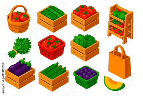 Greenhouse Market Icons. Isometric vector illustration set Greenhouse Market: basket of tomatoes, cucumber crate, pepper box,