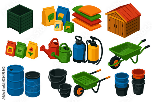 Farm Storage Icons. Isometric vector illustration set Farm and Garden Storage: compost bin, soil bags, mulch sacks, fertilizer