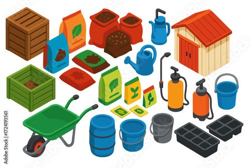 Farm Storage Icons. Isometric vector illustration set Farm and Garden Storage: compost bin, soil bags, mulch sacks, fertilizer