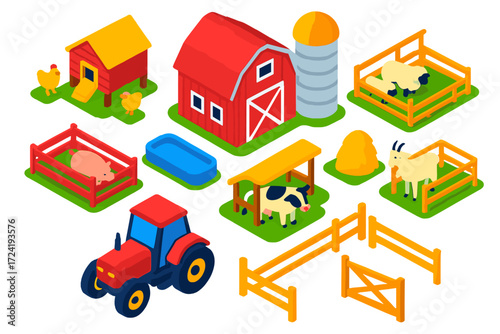 Colorful Barnyard Icons. Isometric vector illustration set Barnyard Setup: barn, silo, chicken coop, pigsty, sheep pen, cow shed,