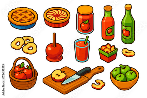 Apple Kitchen Essentials. Isometric vector illustration set Apple Kitchen: apple pie, apple tart, apple jam jar, apple cider