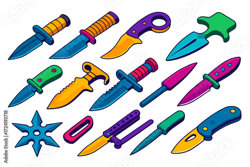 Tactical Knife Collection. Isometric vector illustration set Tactical and Combat Knives: combat dagger, tanto blade, karambit,