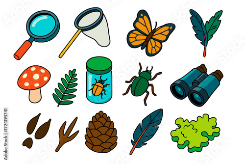 Nature Exploration Icons. Isometric vector illustration set Nature Exploration: magnifying glass, insect net, specimen jar,