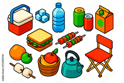 Camping Refreshments Icons. Isometric vector illustration set Camping Refreshments: cooler box, ice cubes, bottled water, canned