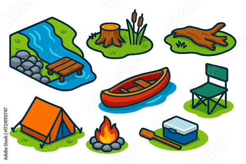 Riverside Adventure Icons. Isometric vector illustration set Riverbank Scenery: flowing river, rocky shore, wooden dock, grassy