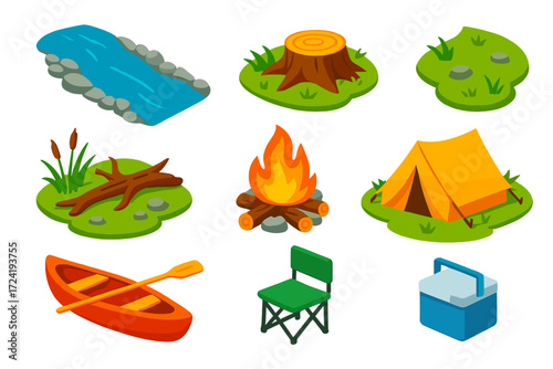 Riverside Adventure Icons. Isometric vector illustration set Riverbank Scenery: flowing river, rocky shore, wooden dock, grassy