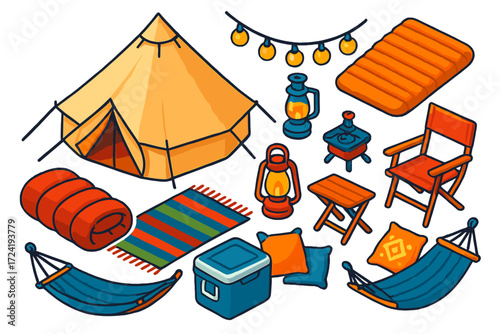 Isometric Glamping Gear. Isometric vector illustration set Glamping Equipment: luxury tent, thick sleeping bag, inflatable