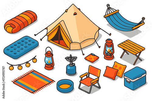 Isometric Glamping Gear. Isometric vector illustration set Glamping Equipment: luxury tent, thick sleeping bag, inflatable