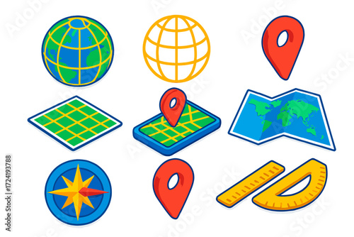 Geographic Tools Collection. Isometric vector illustration set Geographic Coordinates: globe, latitude lines, longitude lines, GPS