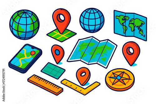 Geographic Tools Collection. Isometric vector illustration set Geographic Coordinates: globe, latitude lines, longitude lines, GPS