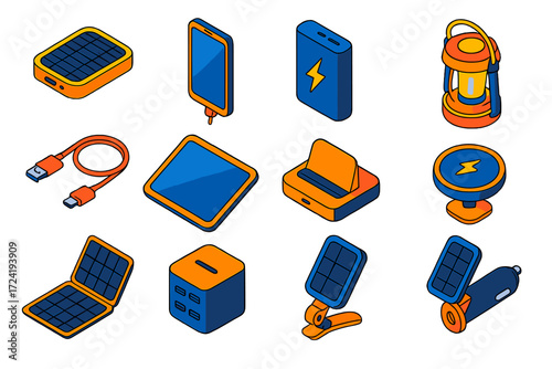 Travel Tech Essentials. Isometric vector illustration set Travel Tech Charging: solar charger, smartphone, power bank, USB cable,