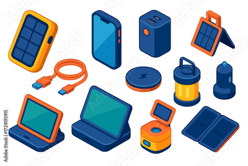 Travel Tech Essentials. Isometric vector illustration set Travel Tech Charging: solar charger, smartphone, power bank, USB cable,