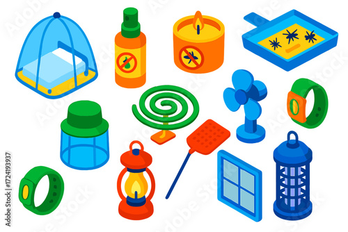 Eco-Friendly Pest Solutions. Isometric vector illustration set Eco-Friendly Bug Control: reusable mosquito net, natural repellent