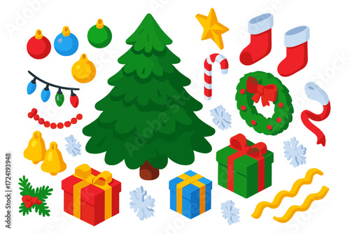 Festive Tree Decor Icons. Isometric vector illustration set Holiday Tree Decor: tree, ornaments, LED lights, garland, candy canes,