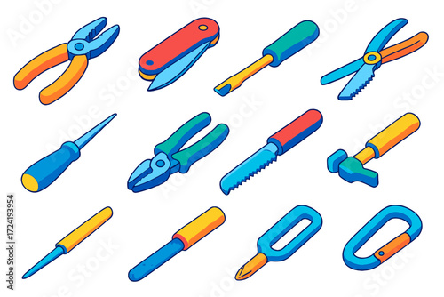 Adventure Pocket Tools. Isometric vector illustration set Adventure Pocket Tools: pliers, folding blade, screwdriver, bottle