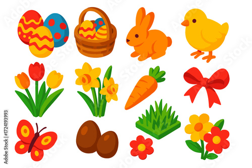 Spring Holiday Icons. Isometric vector illustration set Holiday Spring Icons: Easter eggs, basket, bunny, chick, tulips, daffodils