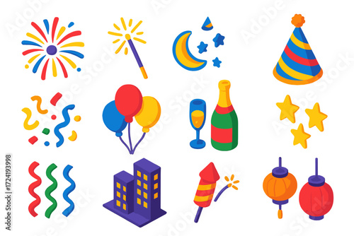 Festive Night Icons. Isometric vector illustration set Festive Night Icons: fireworks burst, sparkler, night sky, party hat,