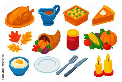 Holiday Feast Icons. Isometric vector illustration set Holiday Feast Icons: turkey, gravy, stuffing, pumpkin pie, autumn leaves,