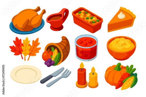 Autumn Feast Icons. Isometric vector illustration set Autumn Feast Icons: turkey, gravy, stuffing, pumpkin pie, autumn leaves,