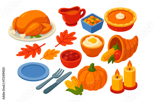 Autumn Feast Icons. Isometric vector illustration set Autumn Feast Icons: turkey, gravy, stuffing, pumpkin pie, autumn leaves,