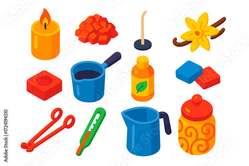 Candle Making Essentials. Isometric vector illustration set Handmade Candle Set: candle, wax, wick, scent, candle holder, melting