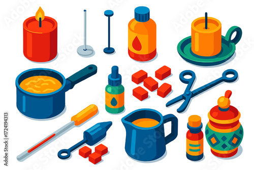 Candle Making Essentials. Isometric vector illustration set Handmade Candle Set: candle, wax, wick, scent, candle holder, melting