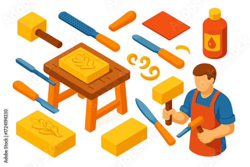 DIY Carving Essentials. Isometric vector illustration set DIY Carving Kit: woodcarving, chisel, detail, artisan, carving knife,