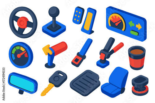 Driving Simulator Icons. Isometric vector illustration set Driving Simulator Icons: steering wheel, gearshift, pedal, dashboard,