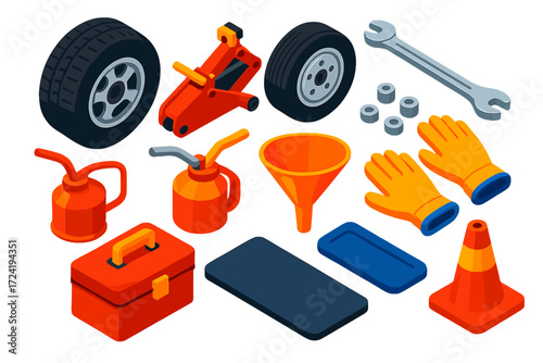 Vehicle Tools Icons. Isometric vector illustration set Vehicle Tools Set: tire, jack, spare, wrench, lug nuts, wheel hub, oil can,