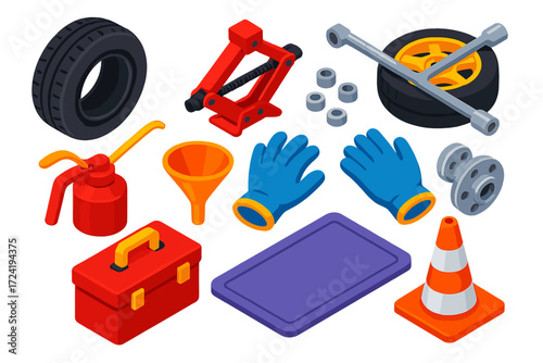 Vehicle Tools Icons. Isometric vector illustration set Vehicle Tools Set: tire, jack, spare, wrench, lug nuts, wheel hub, oil can,