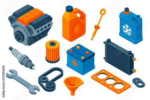 Engine Maintenance Tools. Isometric vector illustration set Engine Maintenance Tools: engine, oil, dipstick, filter, coolant,