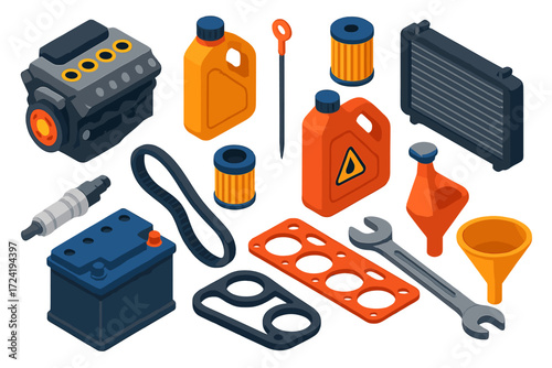 Engine Maintenance Tools. Isometric vector illustration set Engine Maintenance Tools: engine, oil, dipstick, filter, coolant,