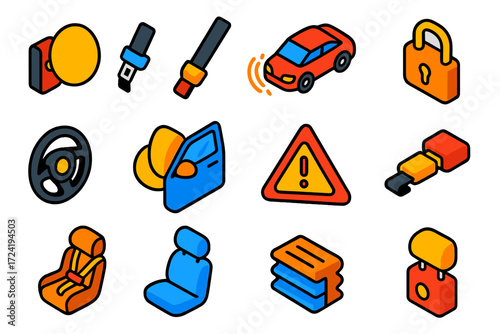 Vehicle Safety Icons. Isometric vector illustration set Vehicle safety system: Airbag module, Seatbelt strap, Crash detector,