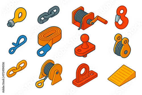 Vehicle Recovery Tools. Isometric vector illustration set Vehicle recovery tools: Tow hook, Steel chain, Winch mechanism, Hook