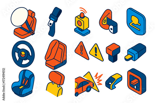 Vehicle Safety Icons. Isometric vector illustration set Vehicle safety accessories: Airbag cushion, Seatbelt strap, Crash sensor,