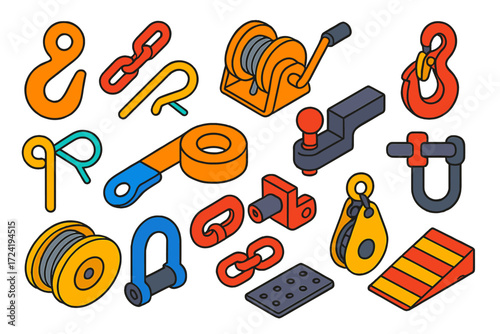 Vehicle Recovery Tools. Isometric vector illustration set Vehicle recovery tools: Tow hook, Steel chain, Winch mechanism, Hook