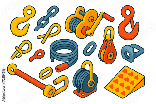Bright Tow Tools Icons. Isometric vector illustration set Emergency tow tools: Tow hook, Steel chain, Winch mechanism, Hook clasp,