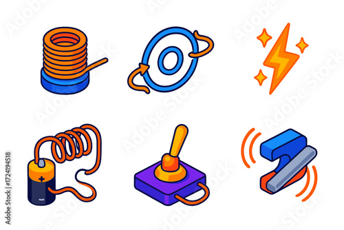 Electromagnetism Basics Icons. Isometric vector illustration set Electromagnetism Basics: coil wrapped wire, magnetic field loop,