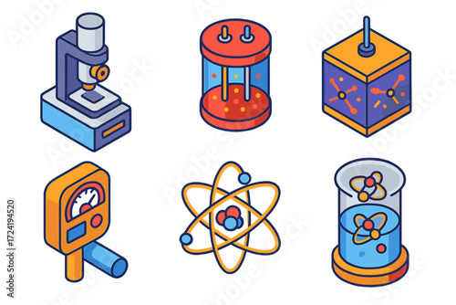 Atomic Science Tools. Isometric vector illustration set Atomic Science Tools: scanning electron microscope, ion chamber, cloud