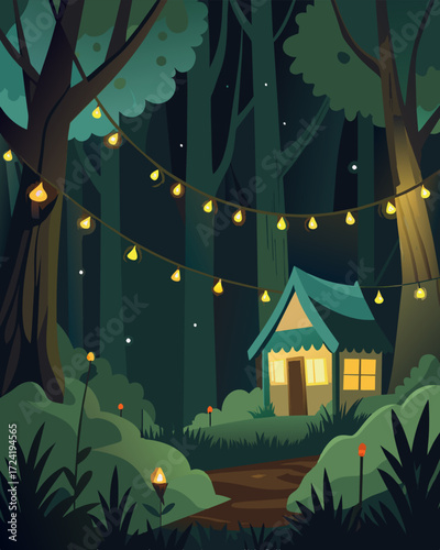 A single string of fairy lights provided a soft glow as the night fell creating an enchanting atmosphere for the nomadic worker in their forest hut.. Vector illustration