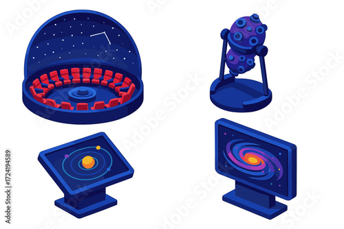 Isometric Planetarium Design. Isometric vector illustration set Planetarium Interior: domed ceiling with stars, seats arranged in
