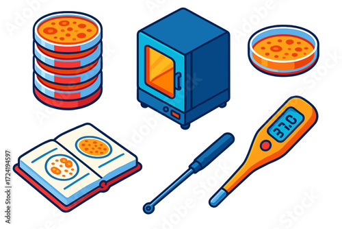 Laboratory Culture Icons. Isometric vector illustration set Laboratory Cultures: stacked petri dishes, incubator cabinet, culture