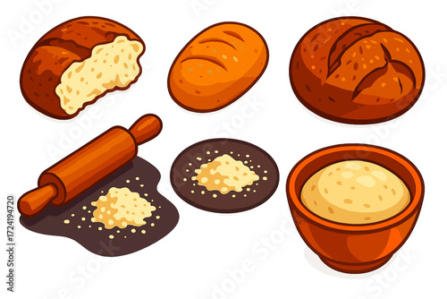 Rustic Bread Elements. Isometric vector illustration set Rustic Bread Scene: torn bread loaf, golden crust roll, cracked-open