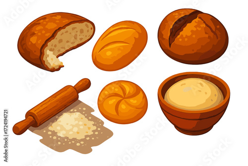 Rustic Bread Elements. Isometric vector illustration set Rustic Bread Scene: torn bread loaf, golden crust roll, cracked-open