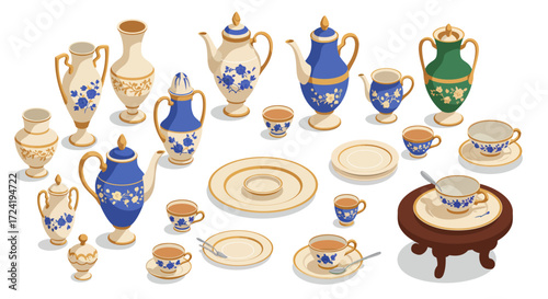 Elegant isometric porcelain tea set with blue floral patterns