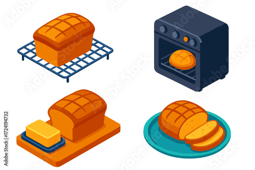 Homemade Bread Icons. Isometric vector illustration set Homemade Bread Scene: loaf on wire rack, bread rising in oven,