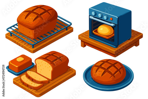 Homemade Bread Icons. Isometric vector illustration set Homemade Bread Scene: loaf on wire rack, bread rising in oven,