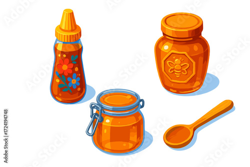 Honey Jar Icons. Isometric vector illustration set Honey Jar Variations: tall slender honey bottle, squat honey jar with clip lid,