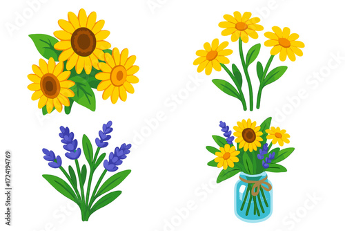 Vibrant Floral Arrangement. Isometric vector illustration set Summer Floral Arrangement: sunflowers in bunch, yellow daisies in